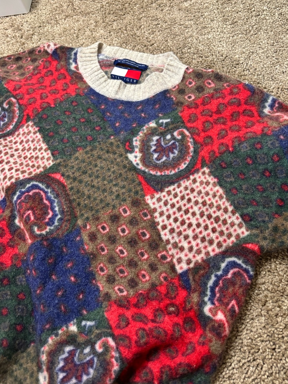 Tommy Hilfiger Multicolor Patchwork Crewneck Sweater 100% Lambswool